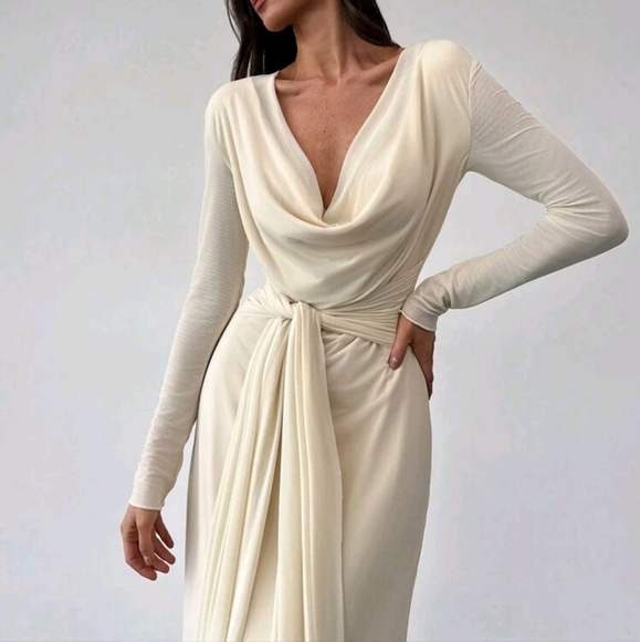 Long Sleeve Skin-Tight Mesh Apricot Color Dress - Picture 5 of 5